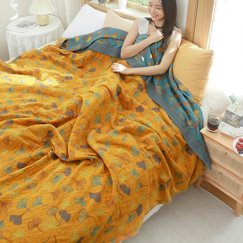 Ginkgo Leaf Katoenen Quilt – Omkeerbaar 6-Laags Dekbed van Combed Cotton | Restfield