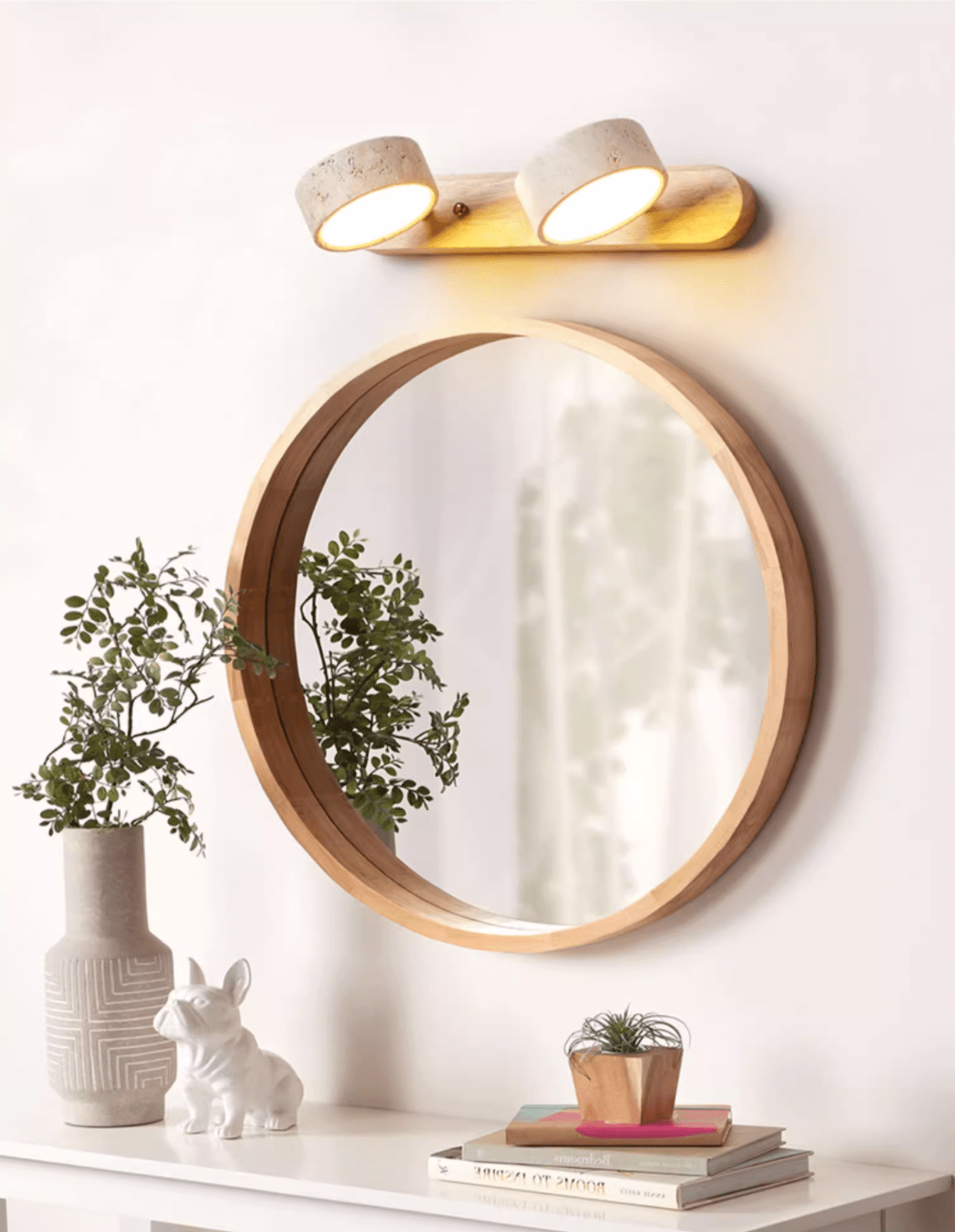 Travertijn Wandlamp Met Houten Basis En Dubbele LED Lichtbron Natuurlijke Steen Design Wandverlichting Voor Slaapkamer Hal En Woonkamer | Restfield