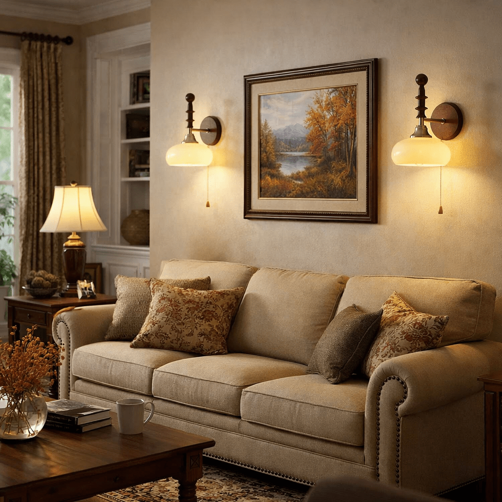 Vintage Wandlamp Met Trekkoord, Walnoot Houten Wandplaat En Opaalglazen Kap | Restfield