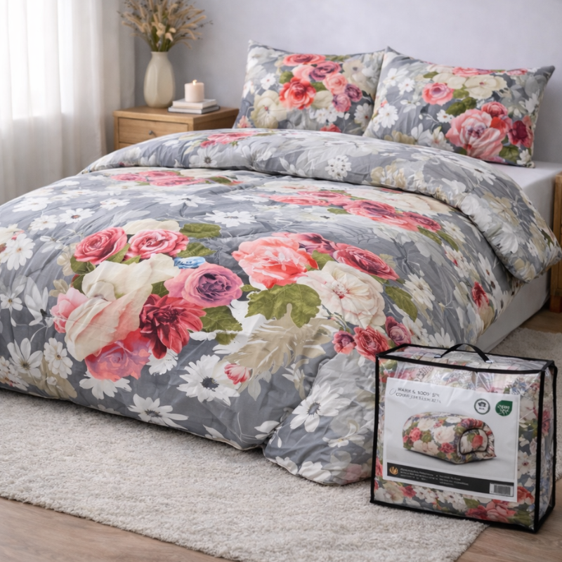 Restfield | 2-in-1 Dekbed Zonder Overtrek – Grijs met Rozen – All Season