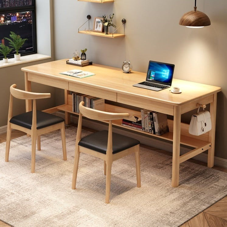 Massief Houten Bureau 160 of 180 cm met Lades en Boekenstandaard – Natuurlijk Rubberhout Design | Restfield