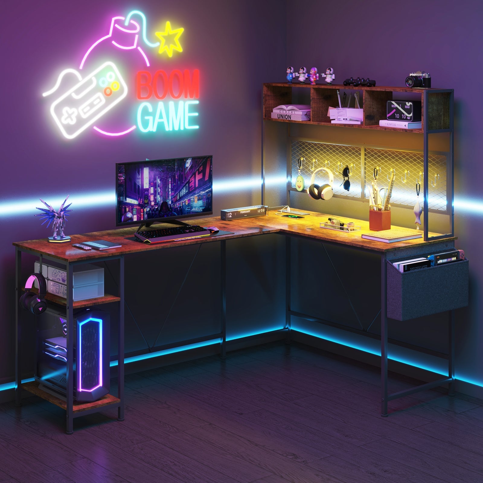 L Vormig Gaming Bureau met RGB LED, Stopcontacten en Opbergplank 170/240 cm – Walnoot Hoekbureau met Stalen Frame | Restfield