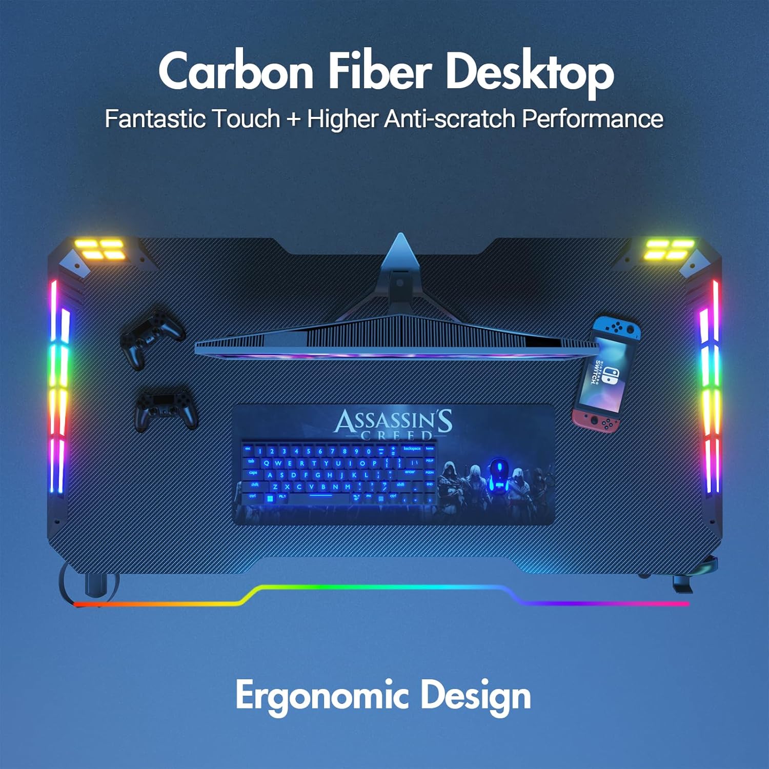 Gaming Bureau met RGB LED Verlichting 120x60 cm – Carbon Fiber Look met Z Frame en Accessoires | Restfield