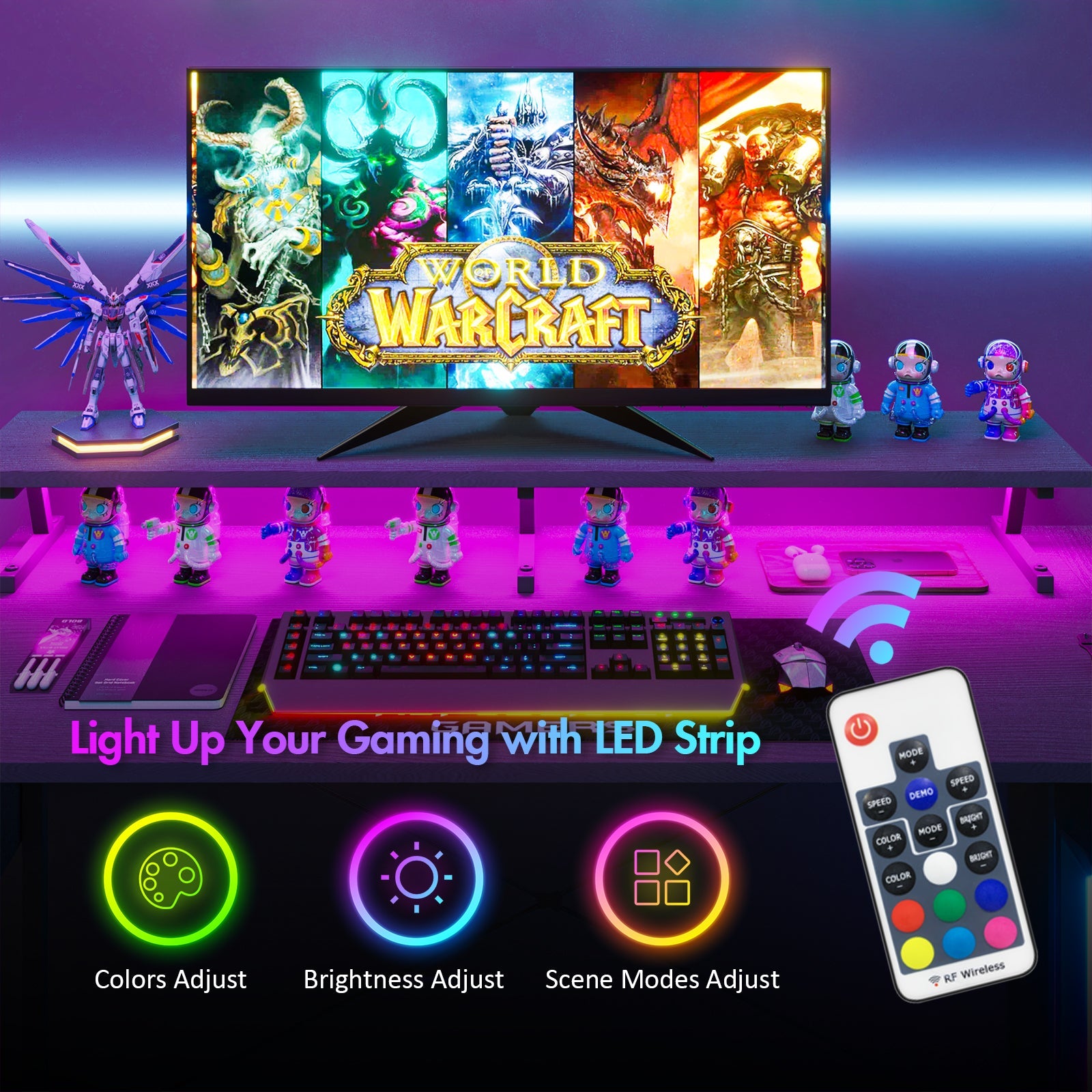 L Vormig Gaming Bureau met RGB LED, Stopcontacten en Monitorstandaard – 140 of 160 cm Hoekbureau Zwart | Restfield