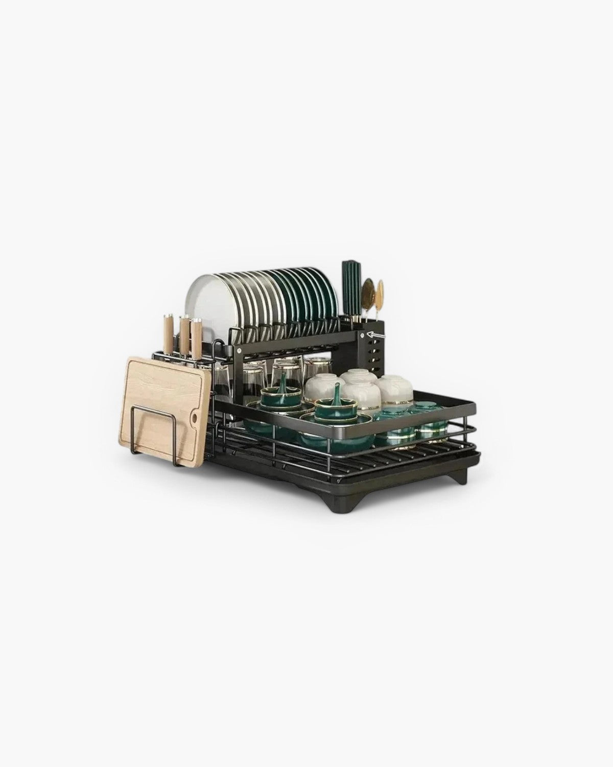 Modern afdruiprek van carbon staal met 360° draaibare afvoer – luxe keukendroogrek met meerdere niveaus | Restfield