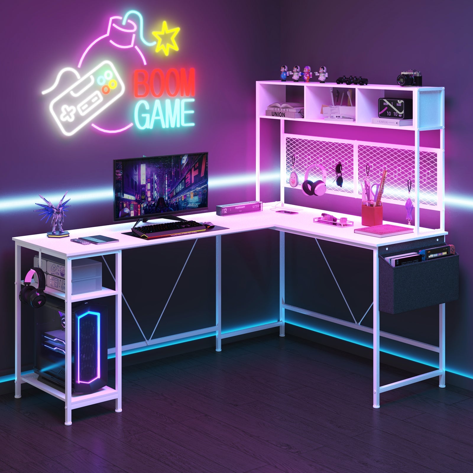 L Vormig Gaming Bureau met RGB LED, Stopcontacten en Opbergplank 170/240 cm – Walnoot Hoekbureau met Stalen Frame | Restfield