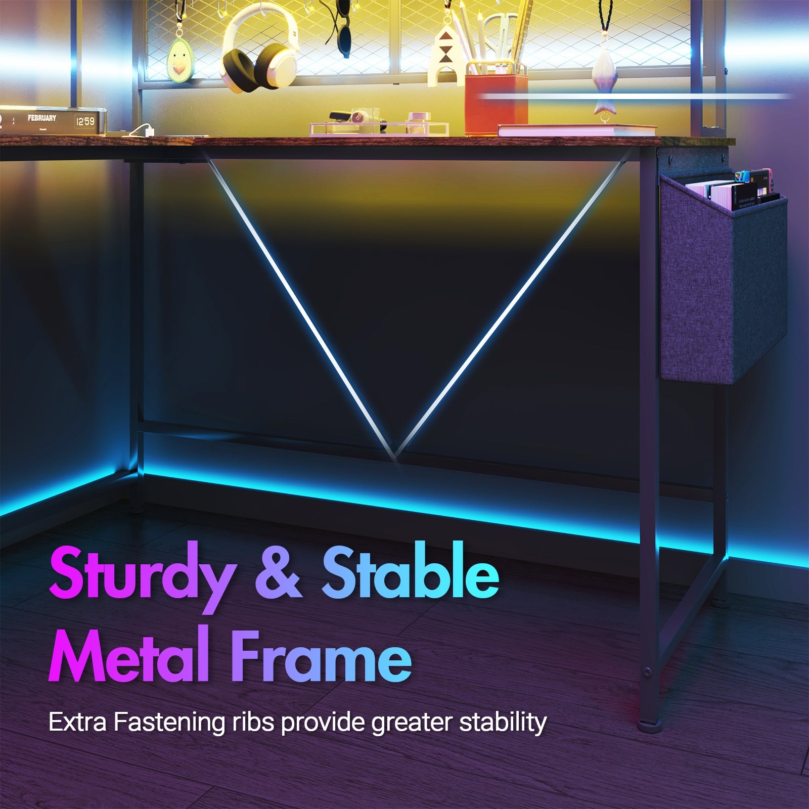 L Vormig Gaming Bureau met RGB LED, Stopcontacten en Opbergplank 170/240 cm – Walnoot Hoekbureau met Stalen Frame | Restfield