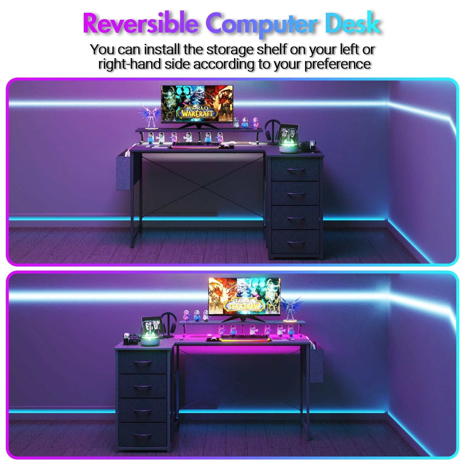 L Vormig Gaming Bureau met RGB LED, Stopcontacten en Monitorstandaard – 140 of 160 cm Hoekbureau Zwart | Restfield