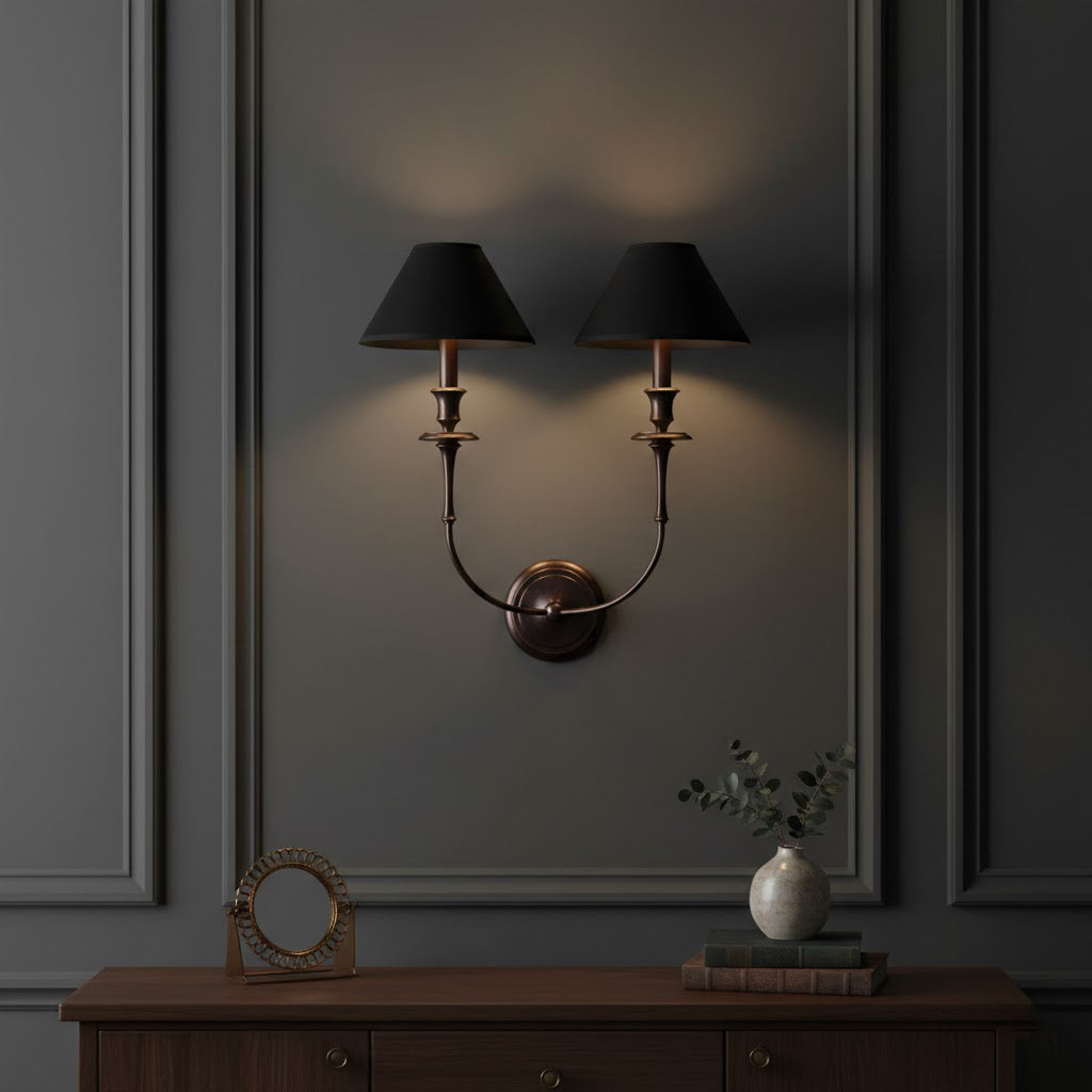 Moderne Wandlamp met Zwarte Stoffen Kap in Messing, Nikkel of Zwart – 1 of 2 Lichtpunten Design Verlichting | Restfield