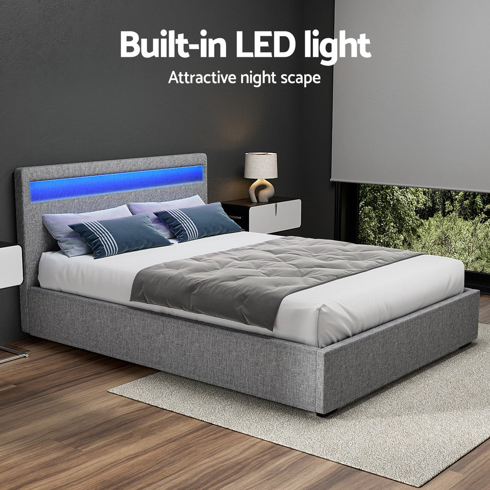Tweepersoons Bedframe met Gaslift Opbergruimte en LED Hoofdbord – Grijs Gestoffeerd 140x190 cm | Restfield