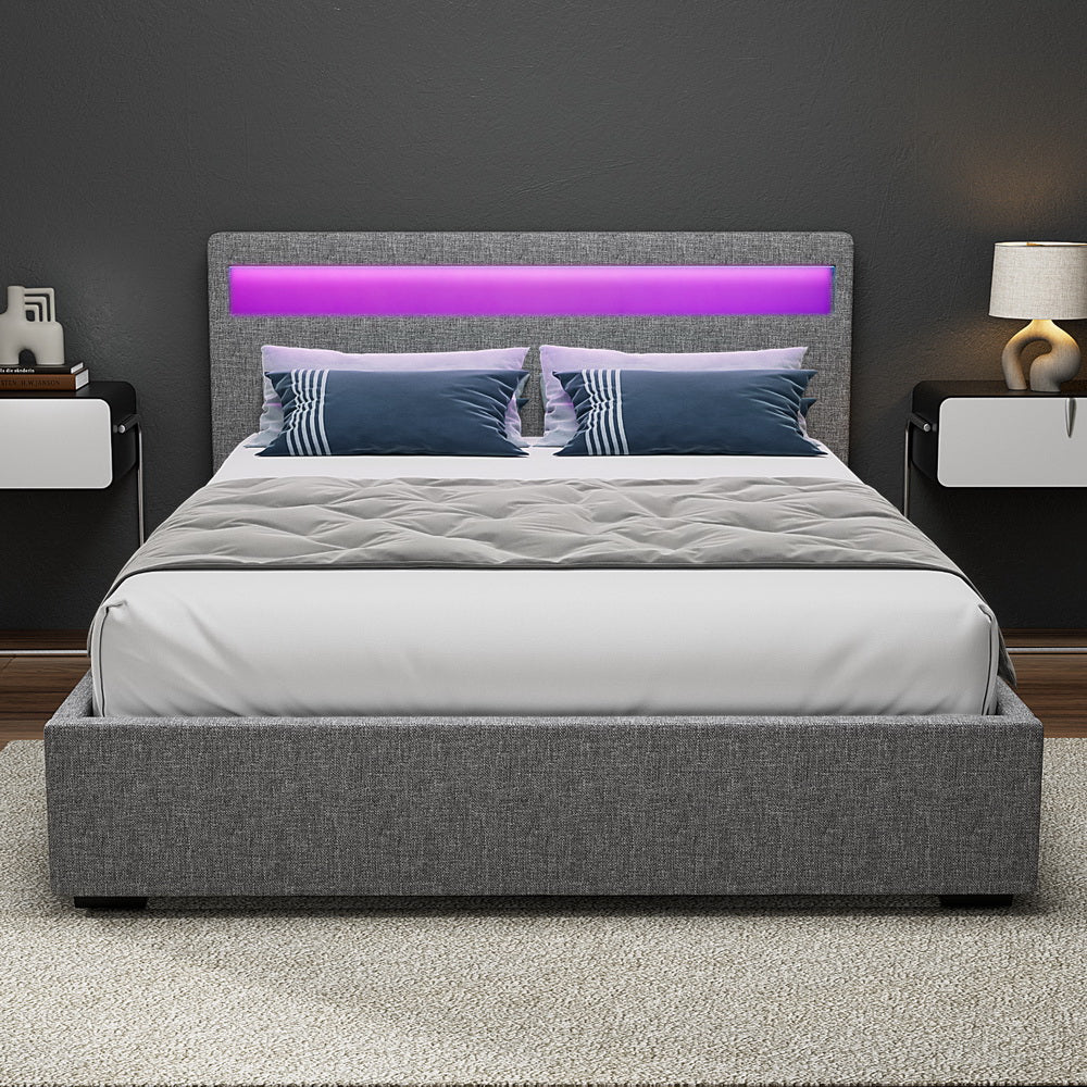 Tweepersoons Bedframe met Gaslift Opbergruimte en LED Hoofdbord – Grijs Gestoffeerd 140x190 cm | Restfield