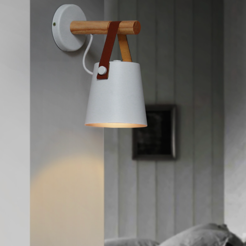 Scandinavische Houten Wandlamp Met Metalen Kap En Leren Band Moderne Design Wandverlichting Voor Slaapkamer Woonkamer Hal Met E27 Fitting | Restfield