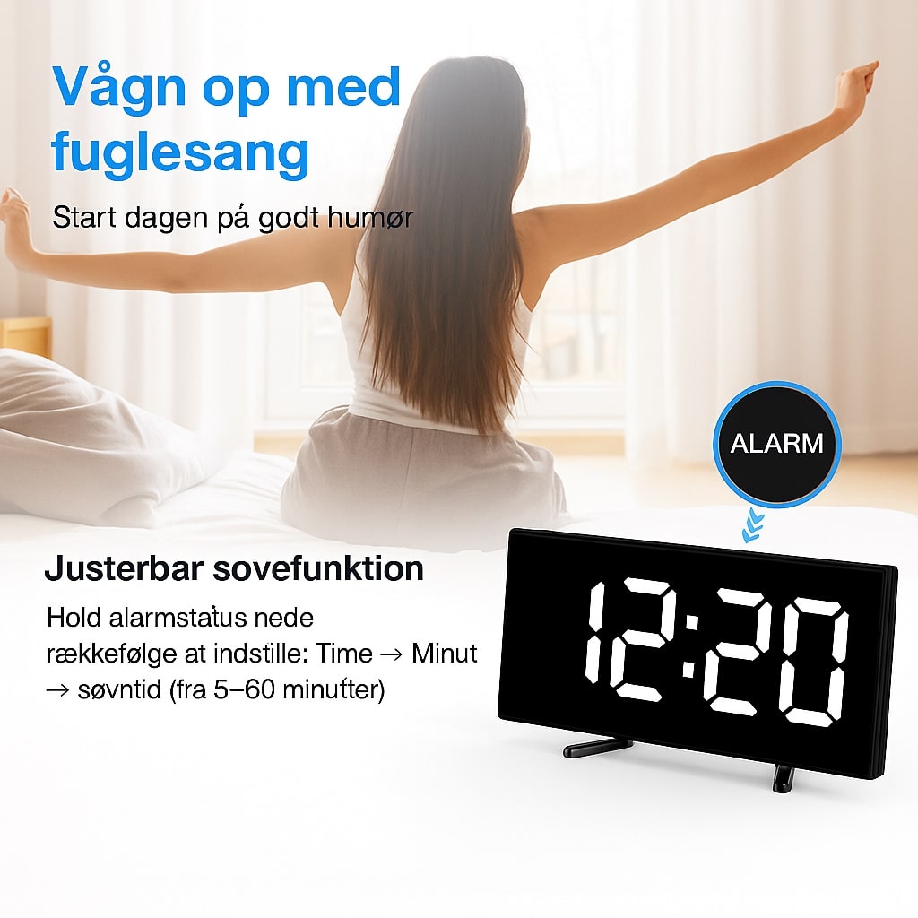Digitale LED Wekker met Gebogen Display – Automatische Lichtregeling & Groot Scherm | Restfield