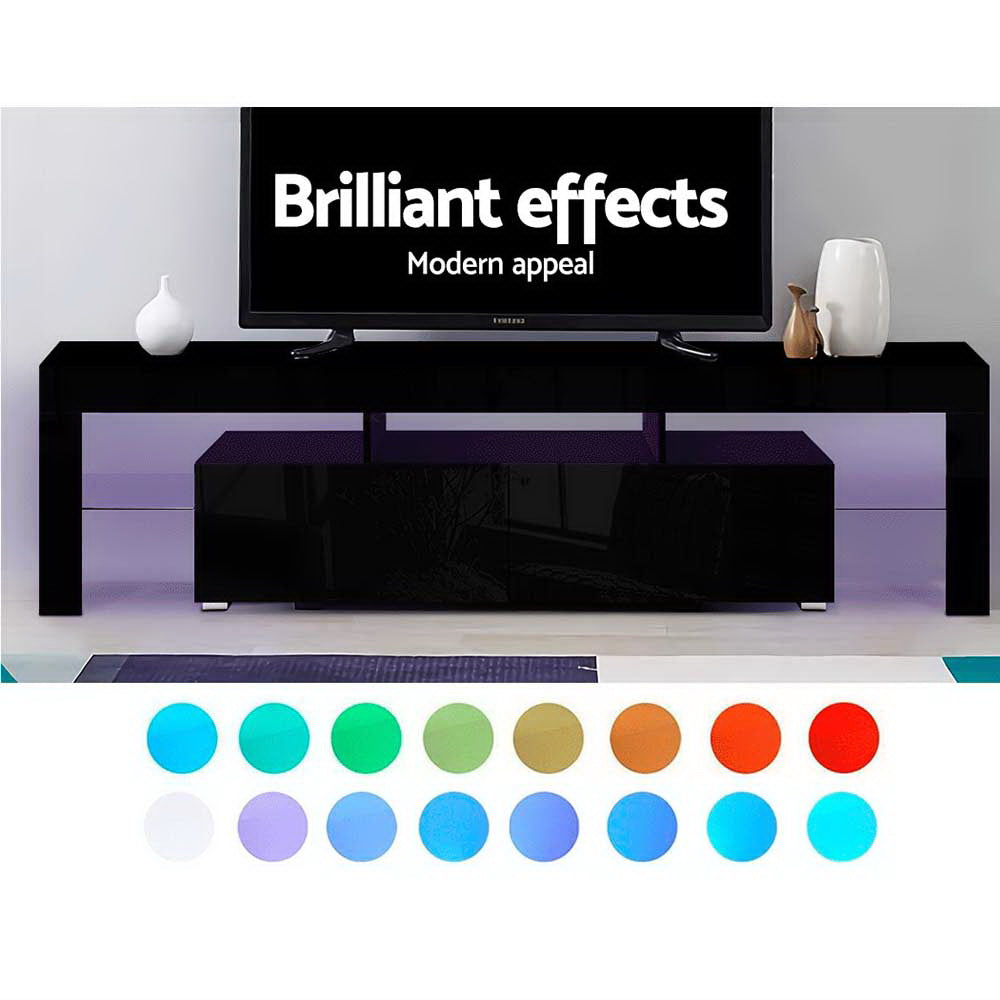 Moderne TV Meubel met RGB LED Verlichting 189 cm – Zwart Hoogglans Entertainment Unit met Lades en Glazen Plank | Restfield