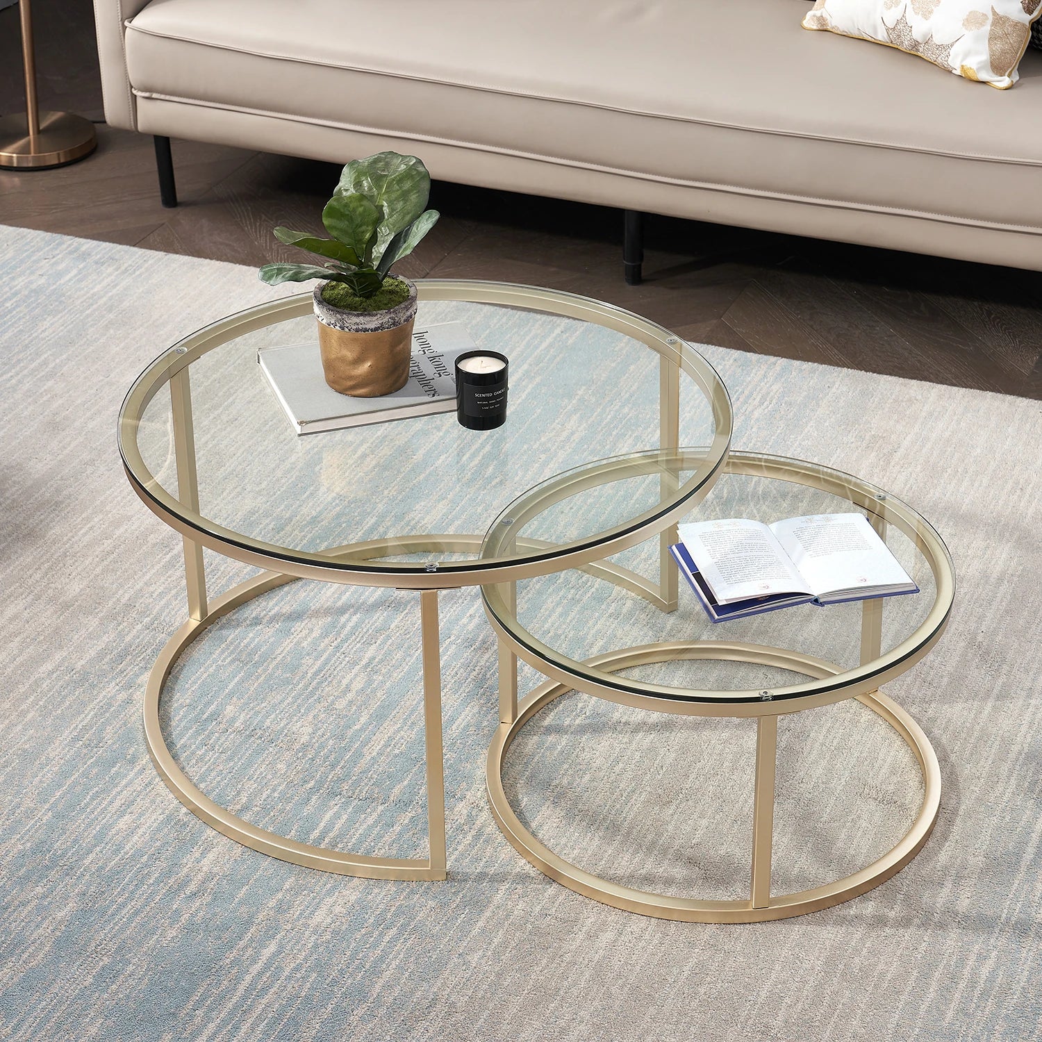 Couchtisch-Set 2-teilig Glas Gold Rund Wohnzimmer Nesting | Restfield