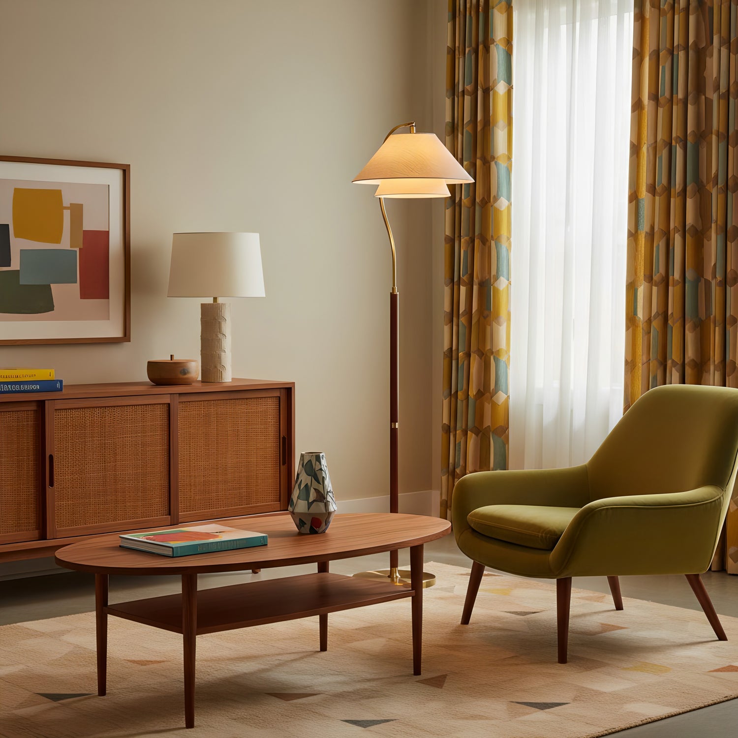 Luxe Vloerlamp met Dubbele Stoffen Kap en Houten Details – 155 cm Hoog Design Statement | Restfield