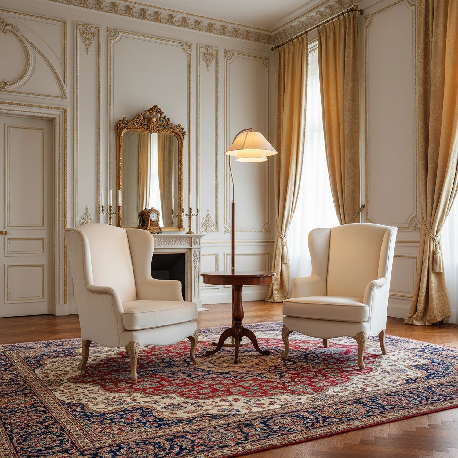 Luxe Vloerlamp met Dubbele Stoffen Kap en Houten Details – 155 cm Hoog Design Statement | Restfield