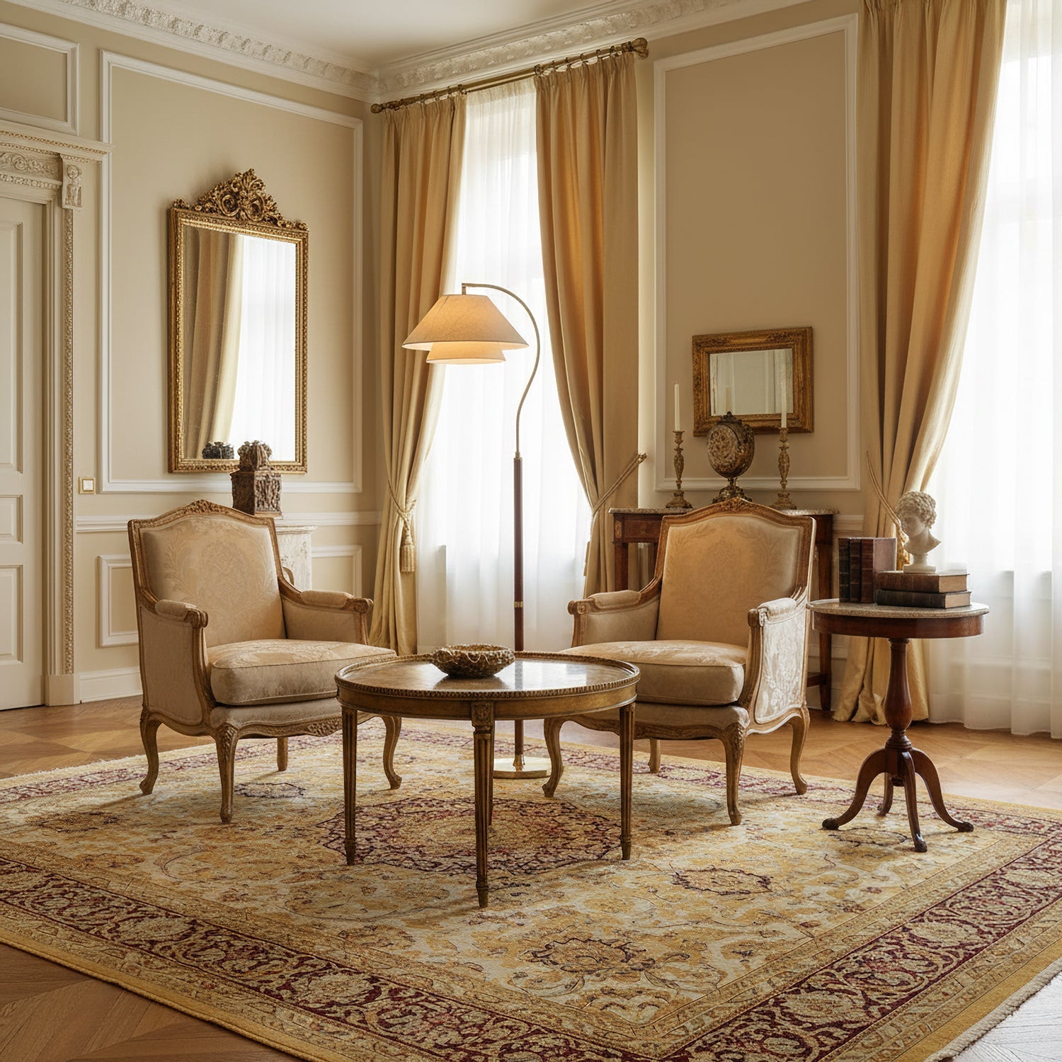 Luxe Vloerlamp met Dubbele Stoffen Kap en Houten Details – 155 cm Hoog Design Statement | Restfield