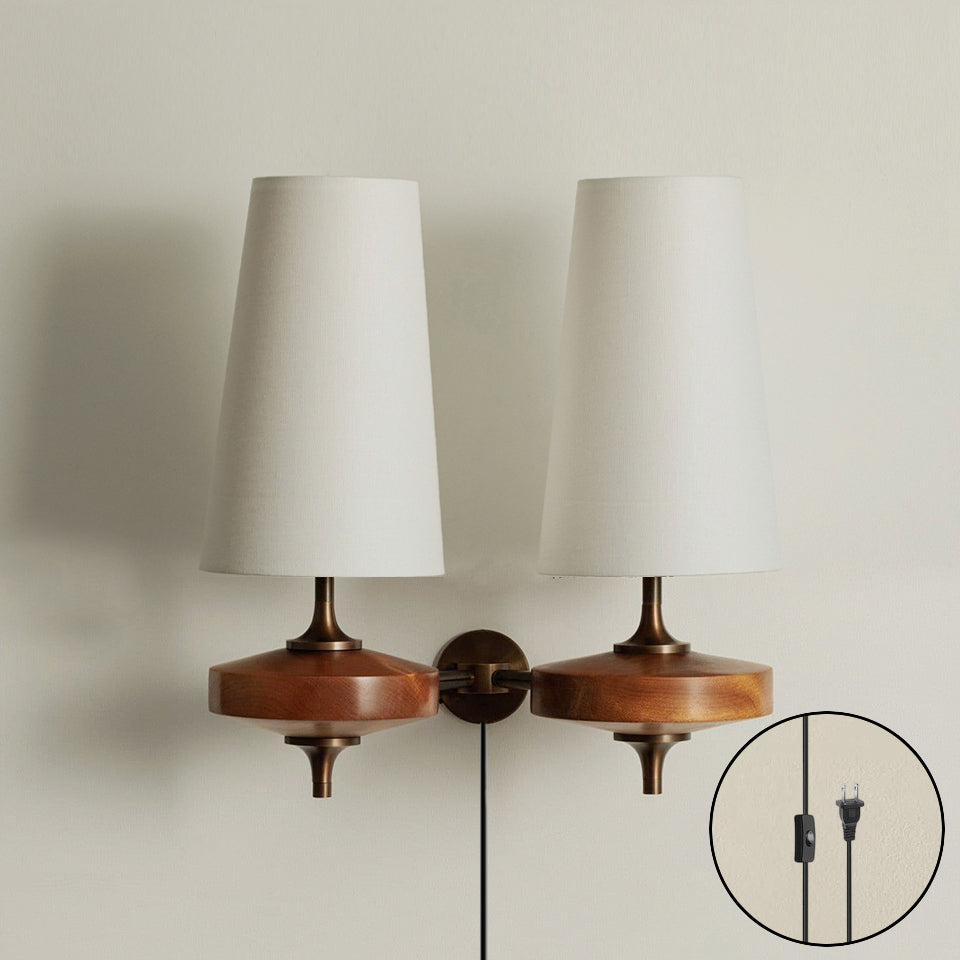 Design Wandlamp met Stekker in Hout en Messing – Natuurlijke Verlichting met Stoffen Kap 1 of 2 Lichtpunten | Restfield