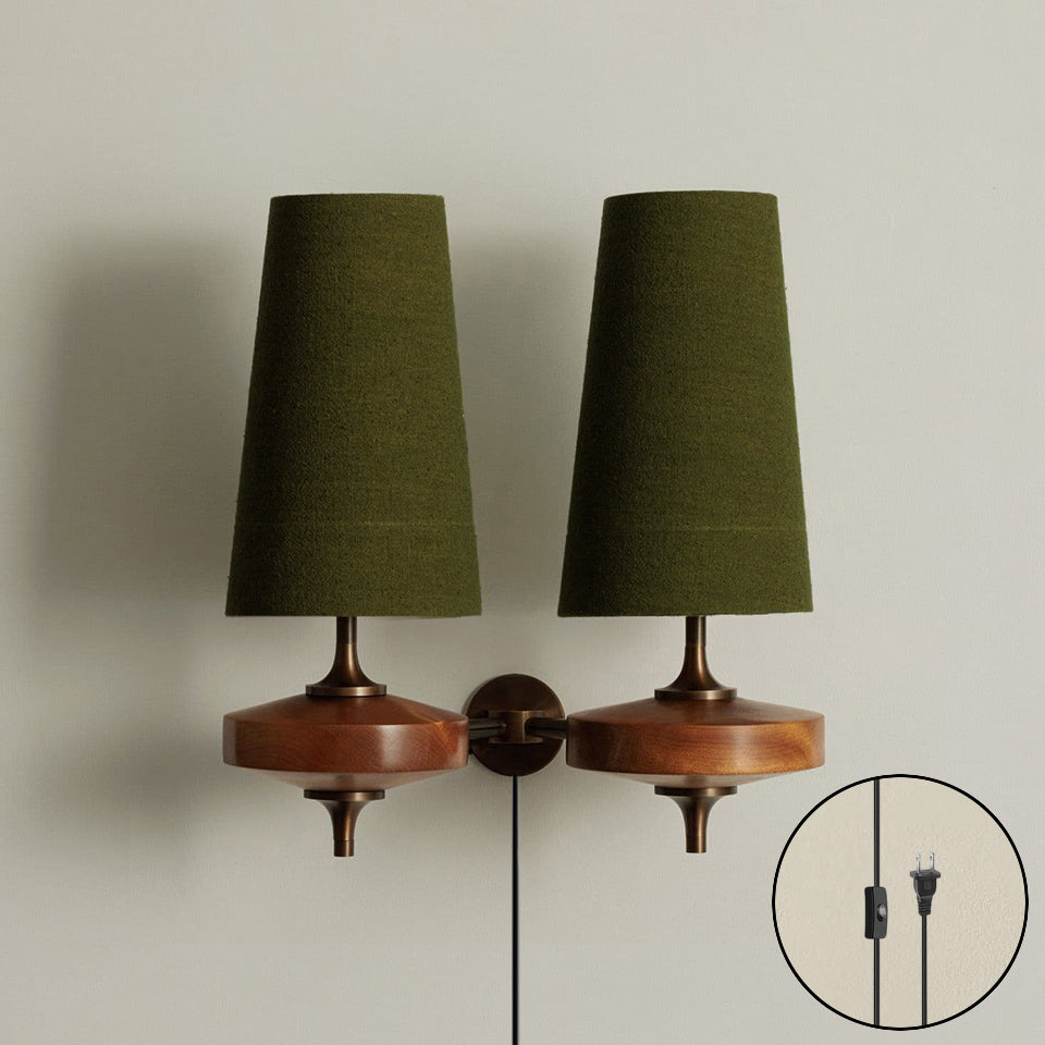 Design Wandlamp met Stekker in Hout en Messing – Natuurlijke Verlichting met Stoffen Kap 1 of 2 Lichtpunten | Restfield