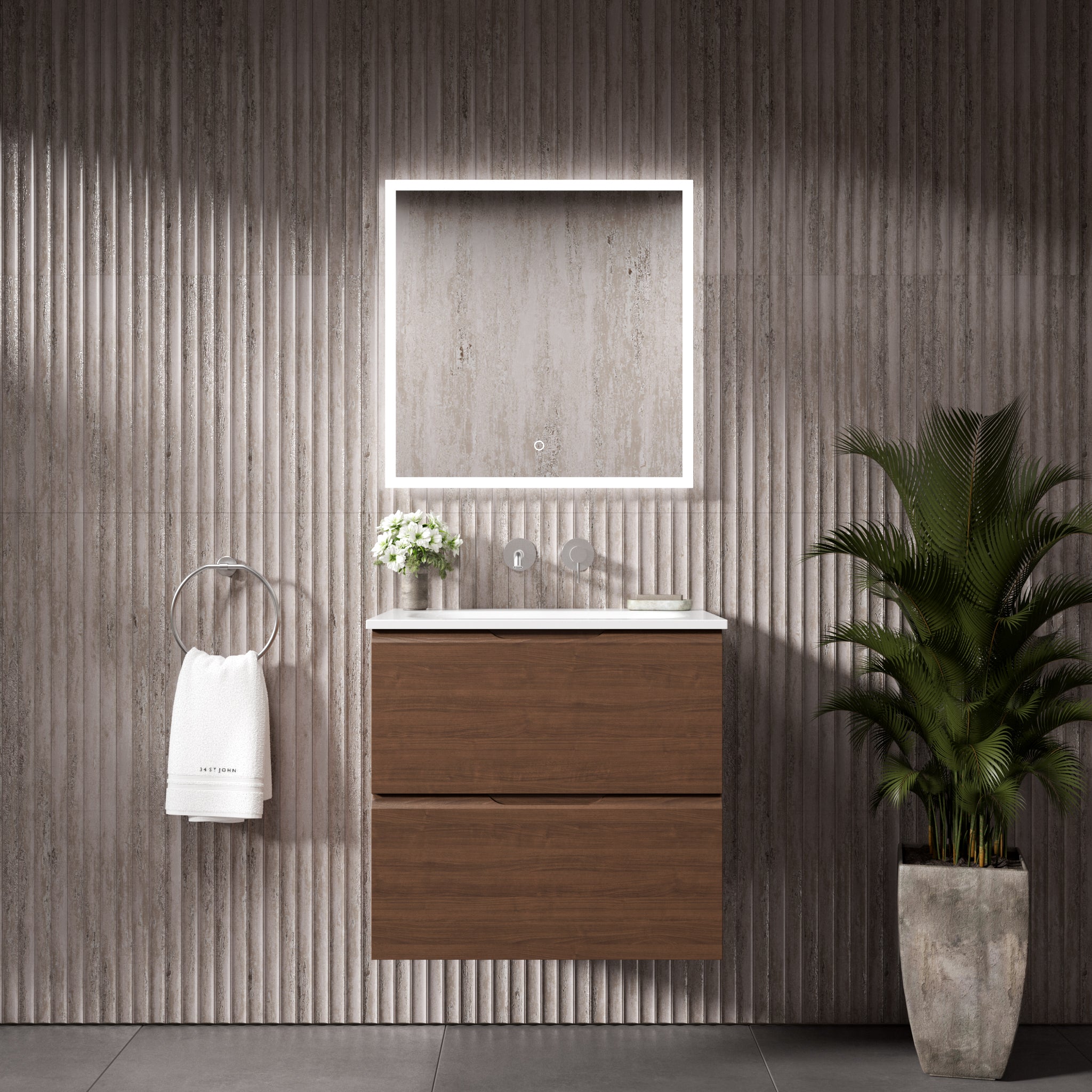 Badkamermeubel Hangend Walnoot 60cm Twee Laden Beyondstone Wastafel Compact Luxe