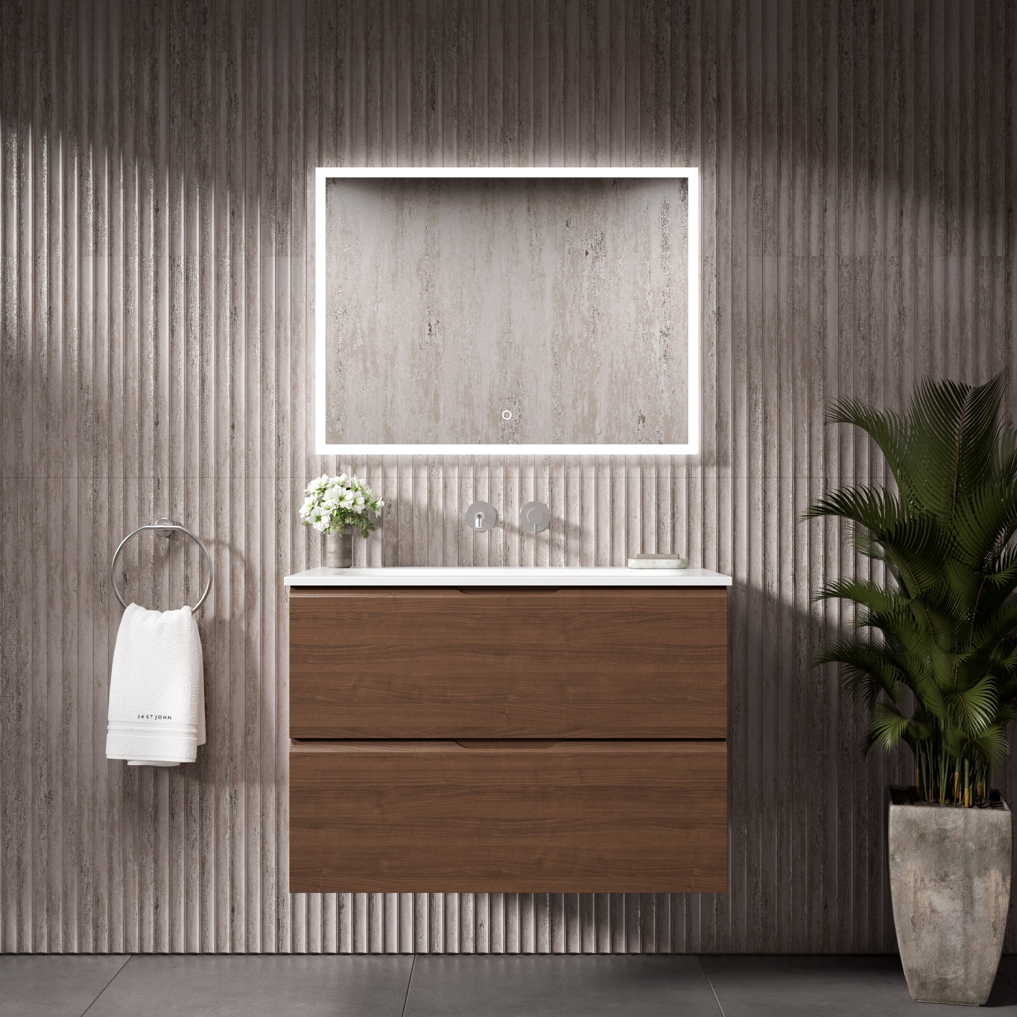 Badkamermeubel Hangend Walnoot 80cm Twee Laden Push-Open Beyondstone Wastafel Luxe