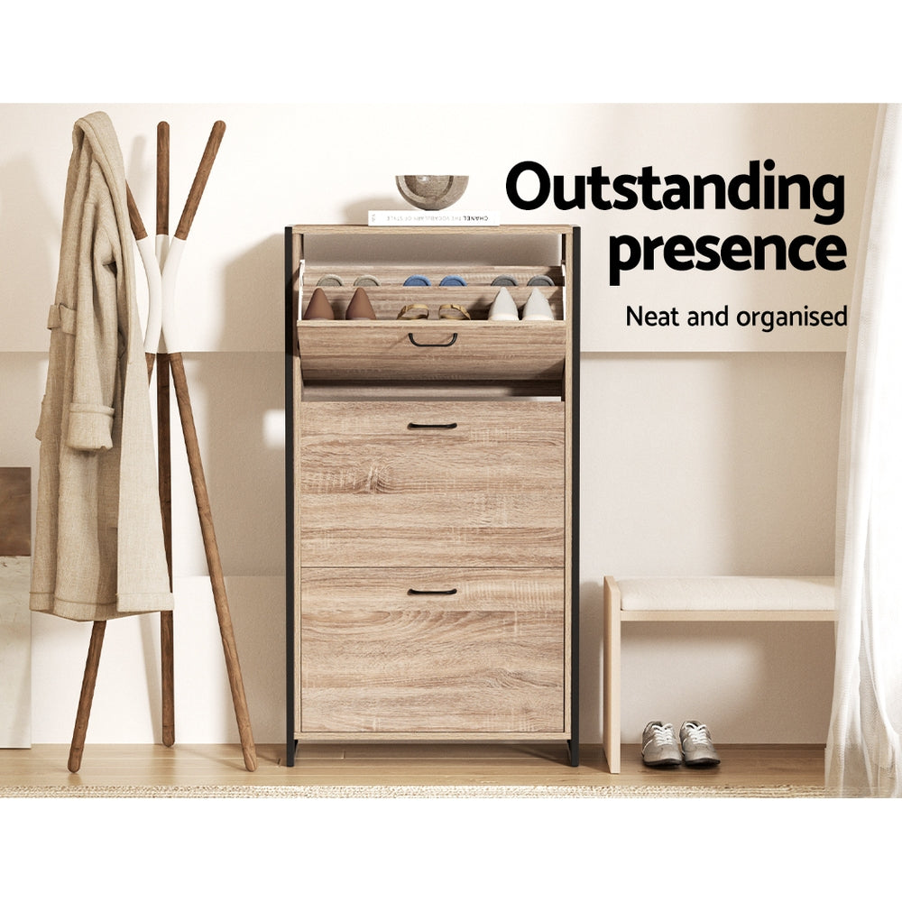 Schoenenkast met Organiser en 24 Paar Opbergcapaciteit – Houten Front en Metalen Frame | Restfield