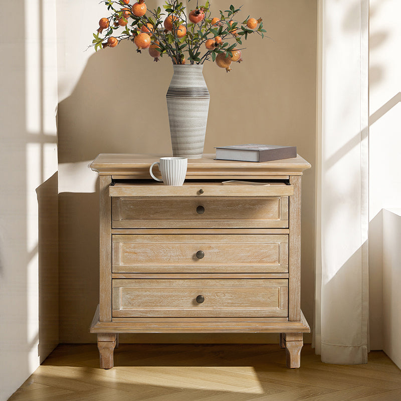 Landelijke Houten Bijzettafel Met 3 Lades En Geïntegreerd Oplaadstation Voor Woonkamer | Restfield