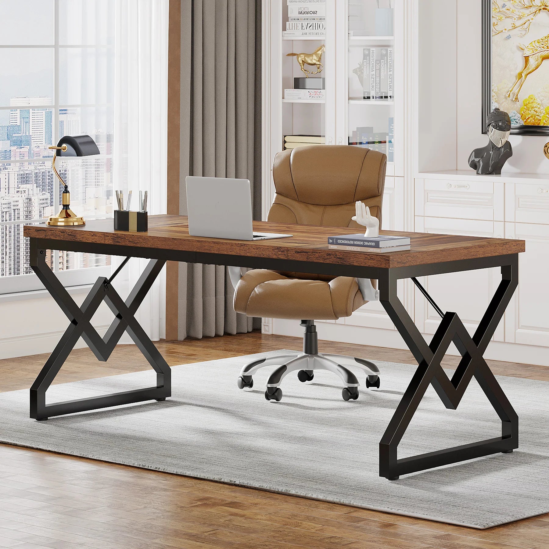 Houten Bureau 160cm Groot Directiebureau Met Dik Tafelblad Metaal Frame | Restfield