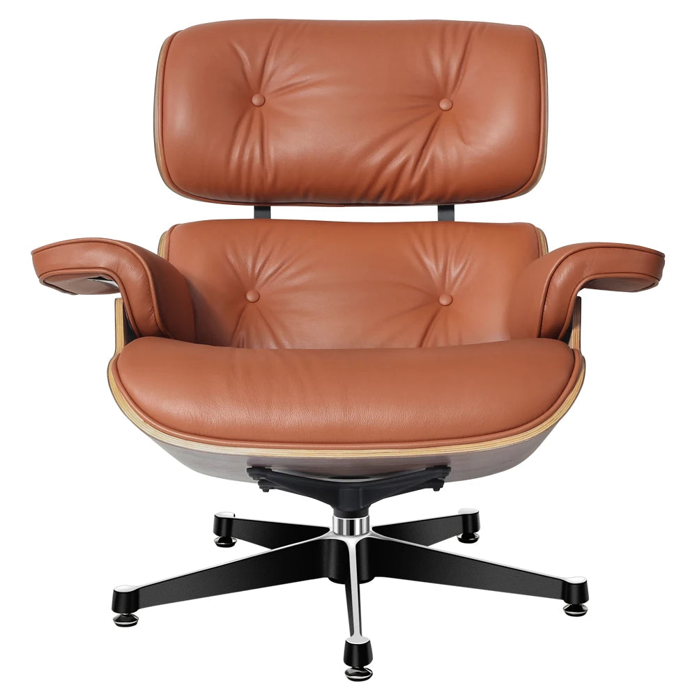 Lounge Chair Met Ottoman Klassiek Walnoot Koeienhuid Draaibaar Relaxfauteuil Woonkamer | Restfield