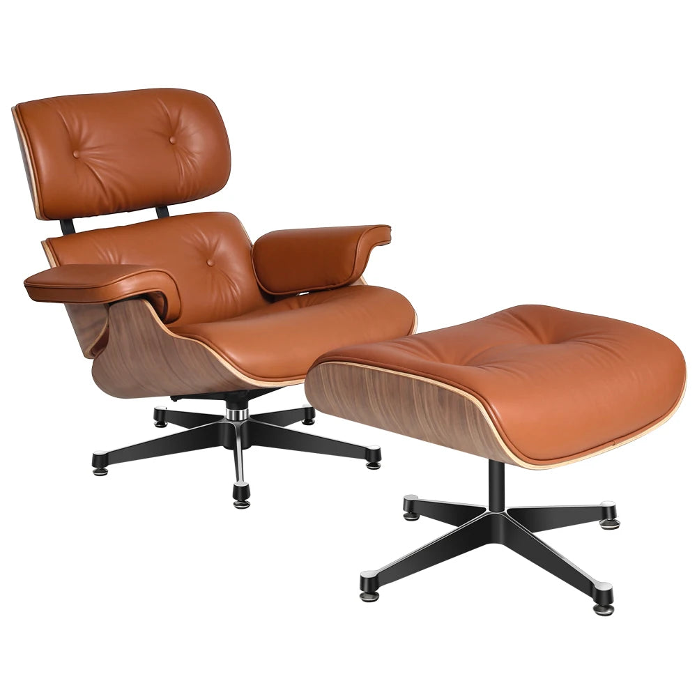 Lounge Chair Met Ottoman Klassiek Walnoot Koeienhuid Draaibaar Relaxfauteuil Woonkamer | Restfield