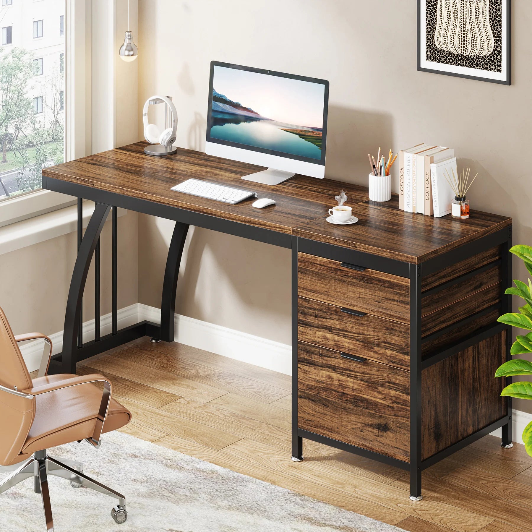 Bureau met Lades Industrieel 150cm Hout Staal Rustiek Bruin Omkeerbaar Thuiskantoor Werkstation