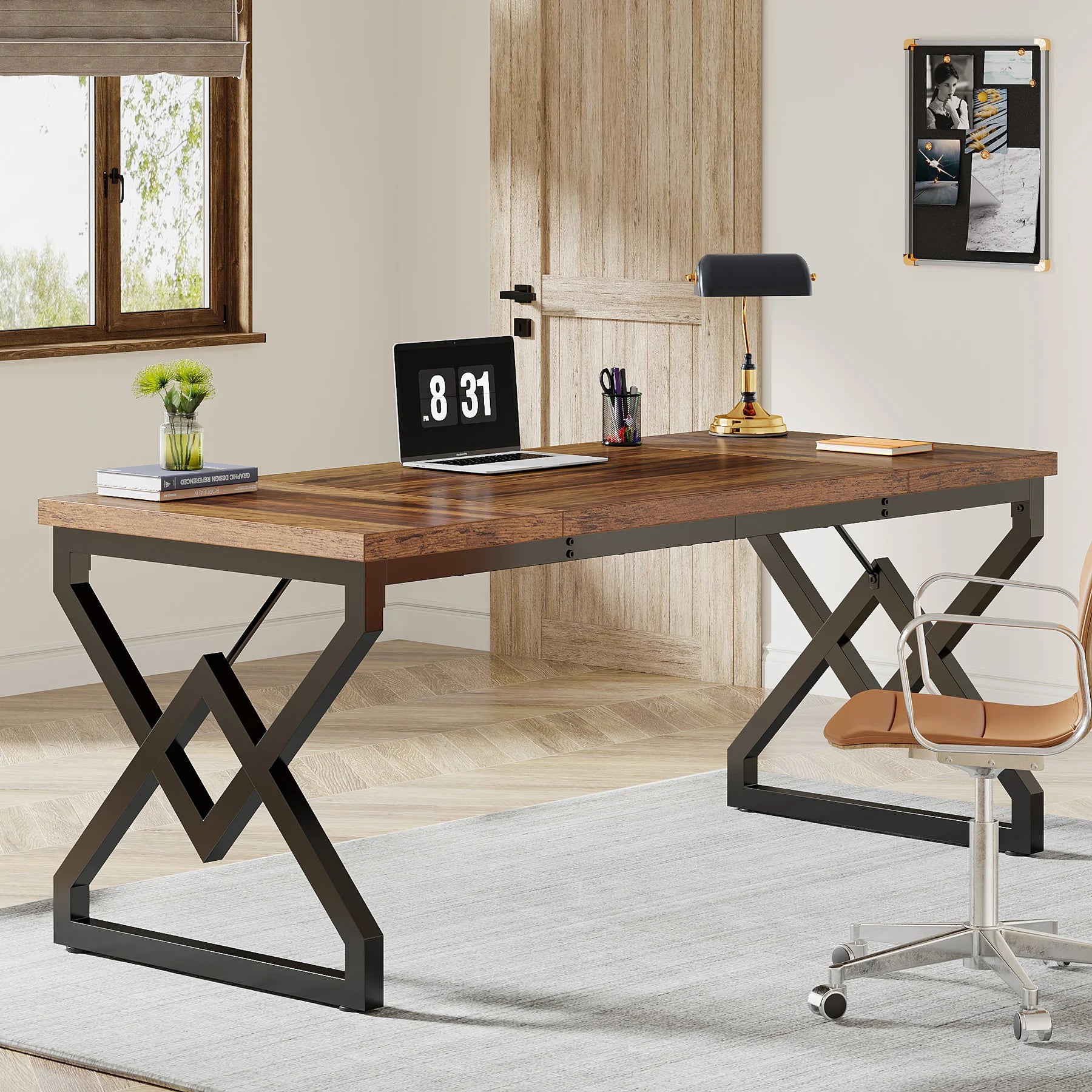 Houten Bureau 160cm Groot Directiebureau Met Dik Tafelblad Metaal Frame | Restfield