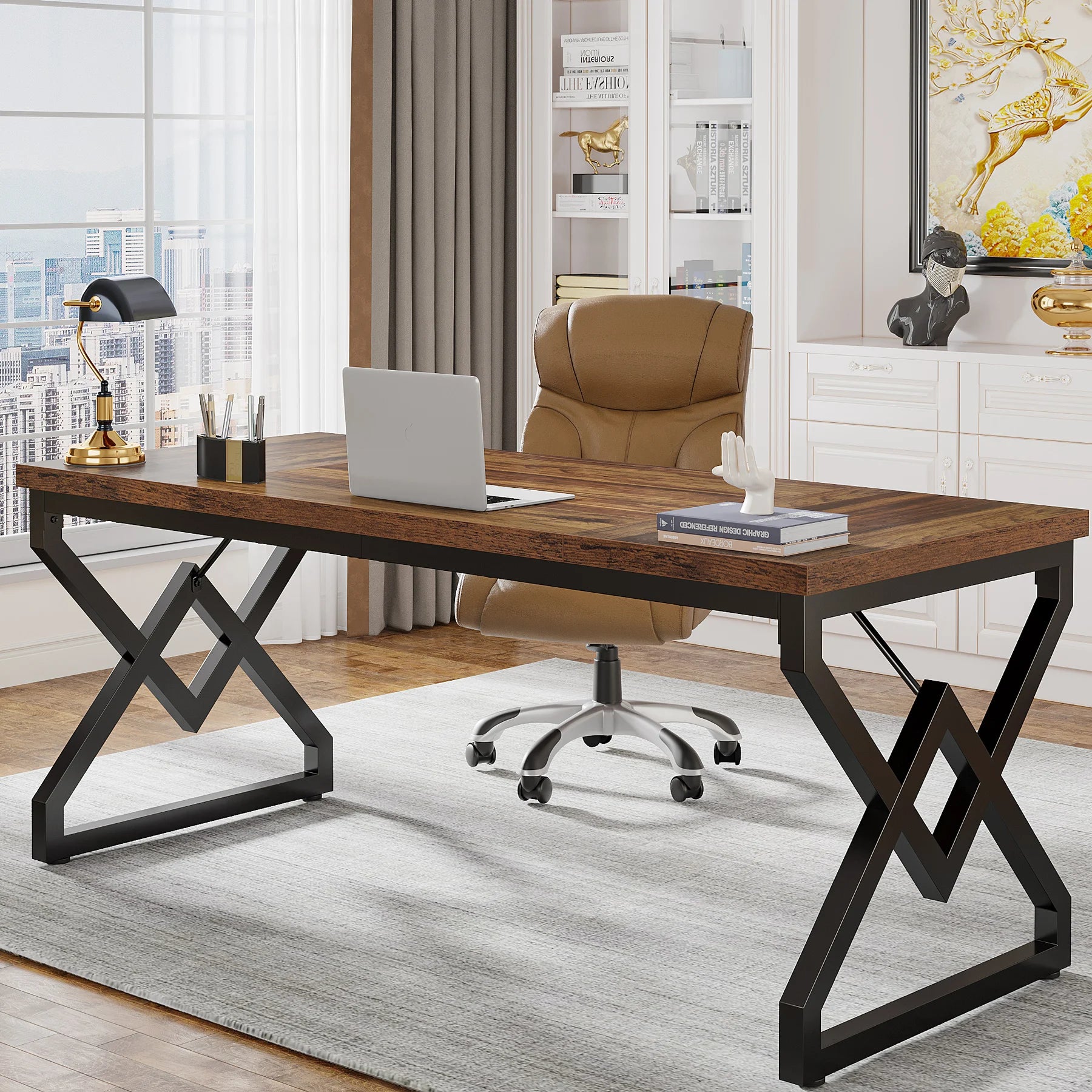 Houten Bureau 160cm Groot Directiebureau Met Dik Tafelblad Metaal Frame | Restfield