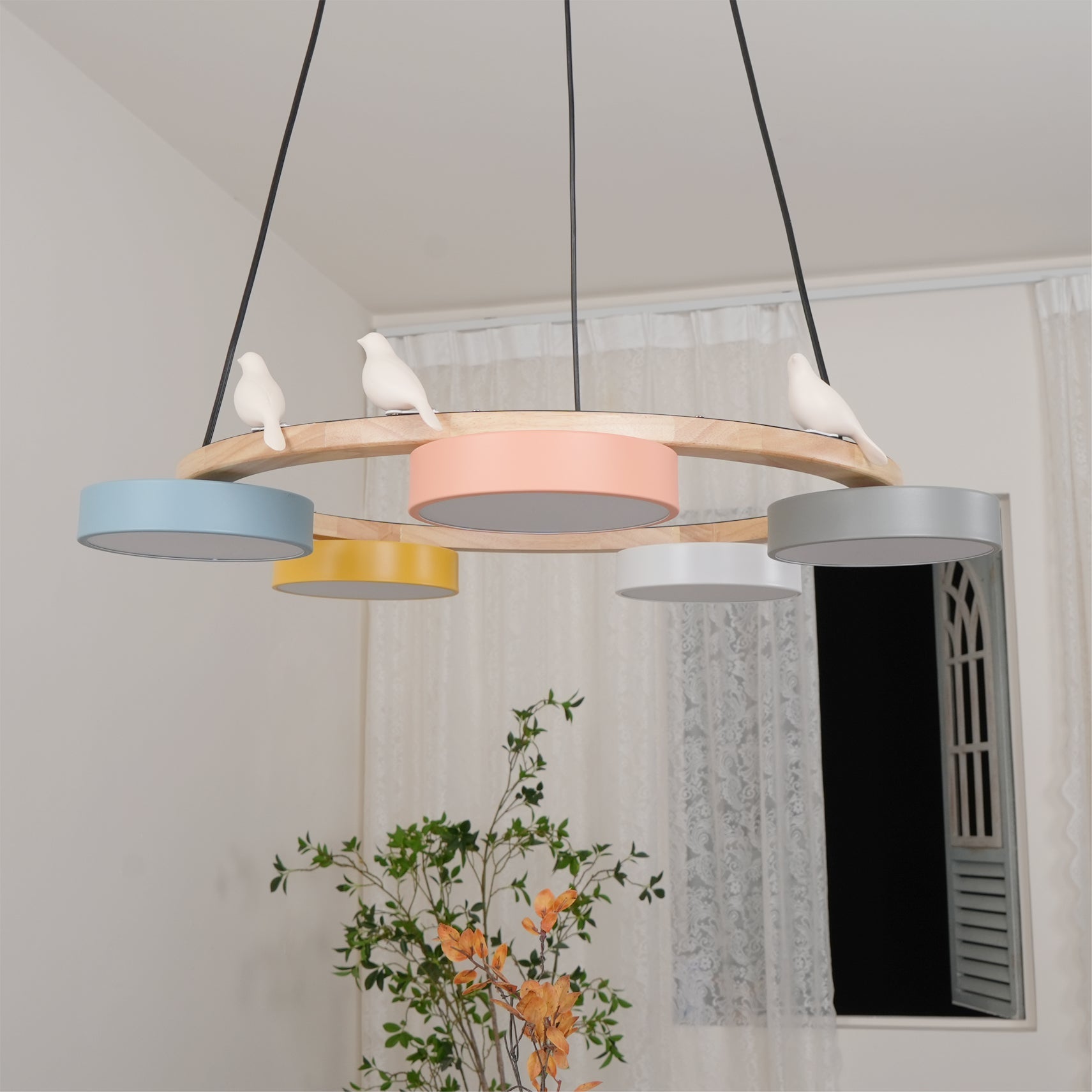 Ronde Hanglamp Met Vogels Houten Ring LED 65cm 72cm | Restfield