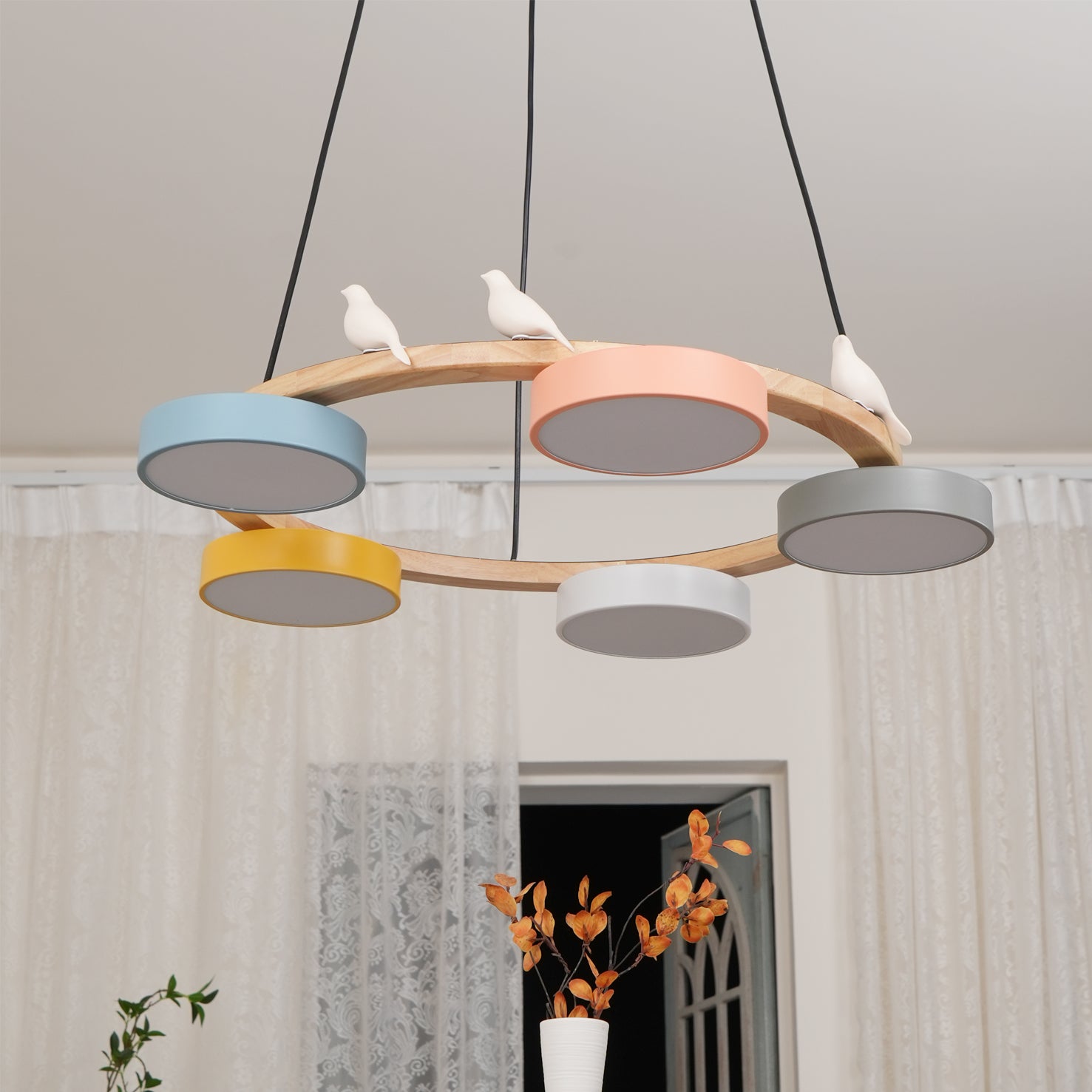 Ronde Hanglamp Met Vogels Houten Ring LED 65cm 72cm | Restfield