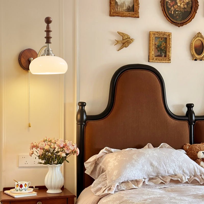 Vintage Wandlamp Met Trekkoord, Walnoot Houten Wandplaat En Opaalglazen Kap | Restfield