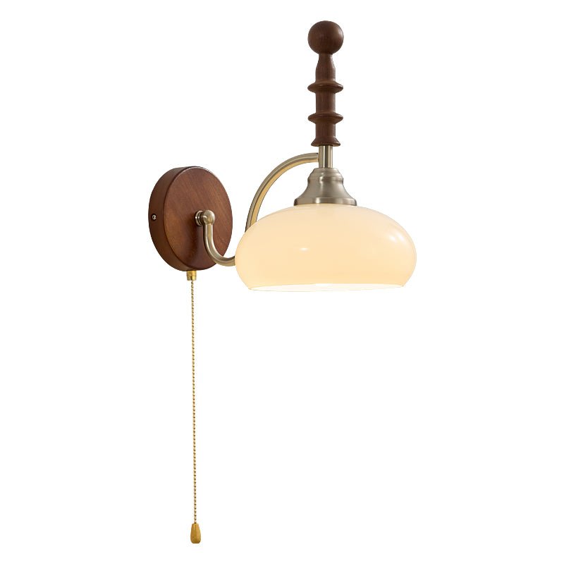 Vintage Wandlamp Met Trekkoord, Walnoot Houten Wandplaat En Opaalglazen Kap | Restfield