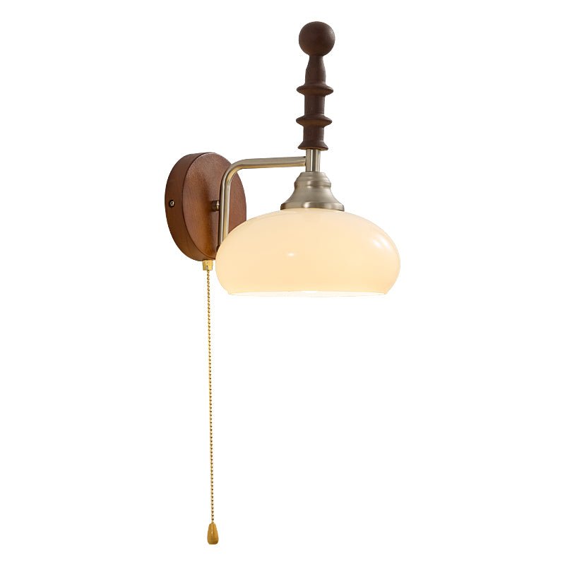 Vintage Wandlamp Met Trekkoord, Walnoot Houten Wandplaat En Opaalglazen Kap | Restfield