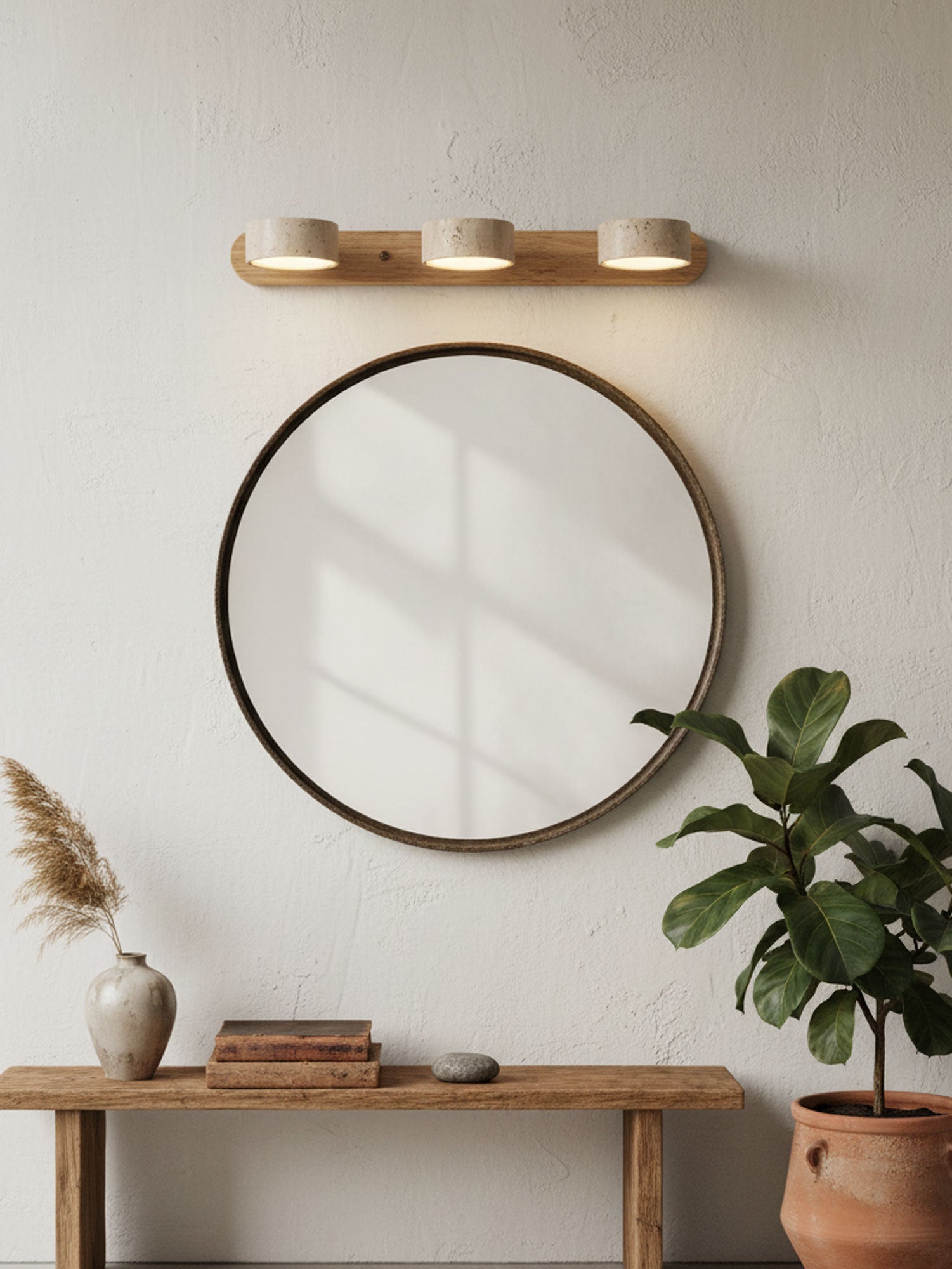 Travertijn Wandlamp Met Houten Basis En Dubbele LED Lichtbron Natuurlijke Steen Design Wandverlichting Voor Slaapkamer Hal En Woonkamer | Restfield