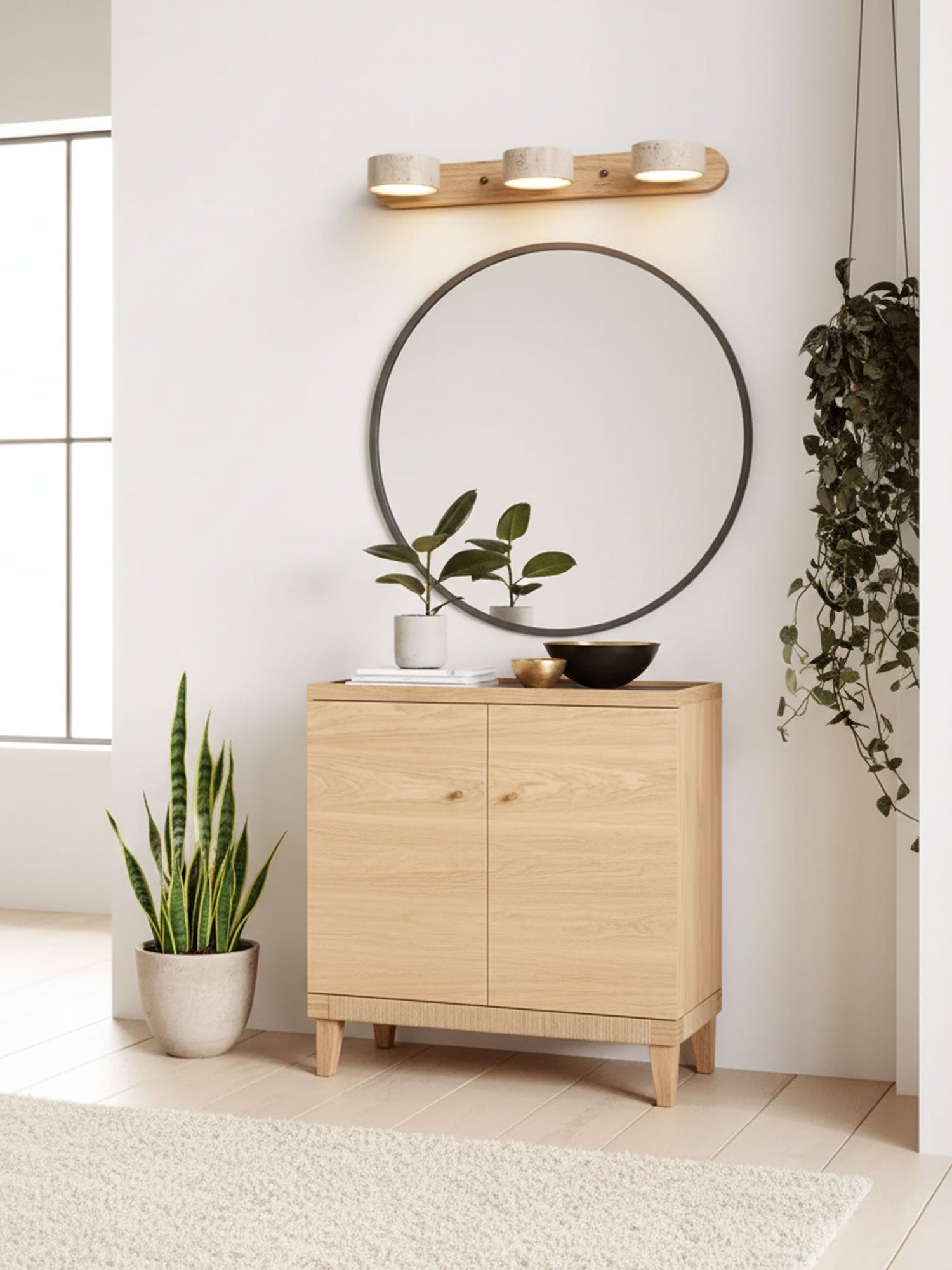 Travertijn Wandlamp Met Houten Basis En Dubbele LED Lichtbron Natuurlijke Steen Design Wandverlichting Voor Slaapkamer Hal En Woonkamer | Restfield