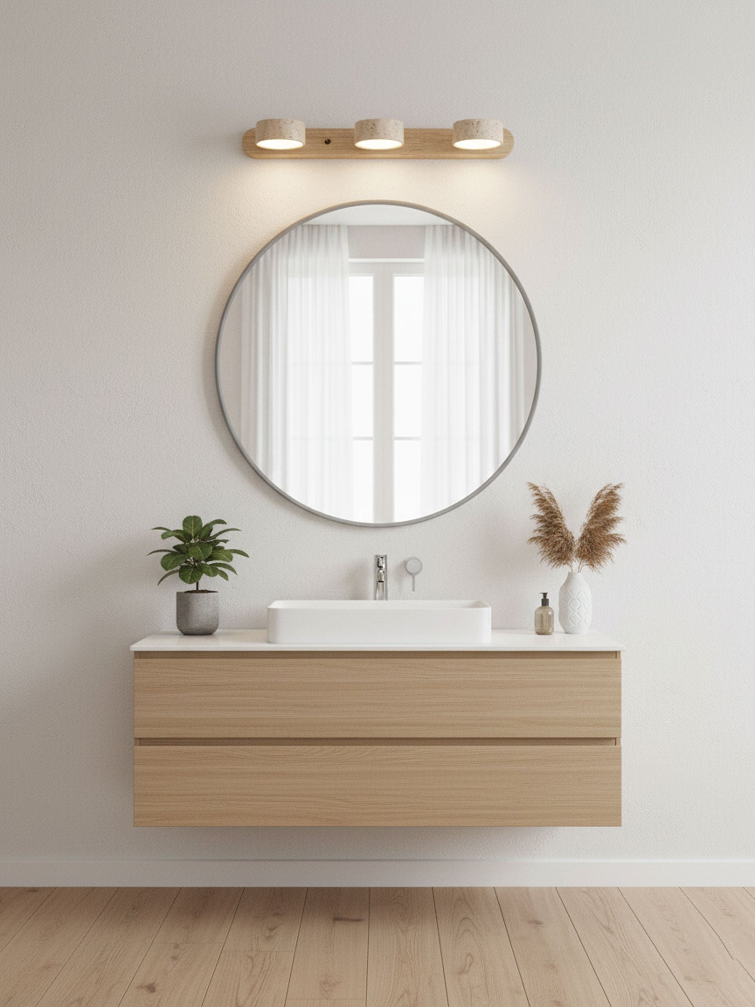 Travertijn Wandlamp Met Houten Basis En Dubbele LED Lichtbron Natuurlijke Steen Design Wandverlichting Voor Slaapkamer Hal En Woonkamer | Restfield