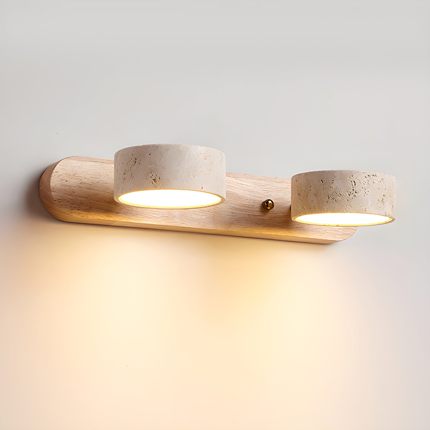 Travertijn Wandlamp Met Houten Basis En Dubbele LED Lichtbron Natuurlijke Steen Design Wandverlichting Voor Slaapkamer Hal En Woonkamer | Restfield