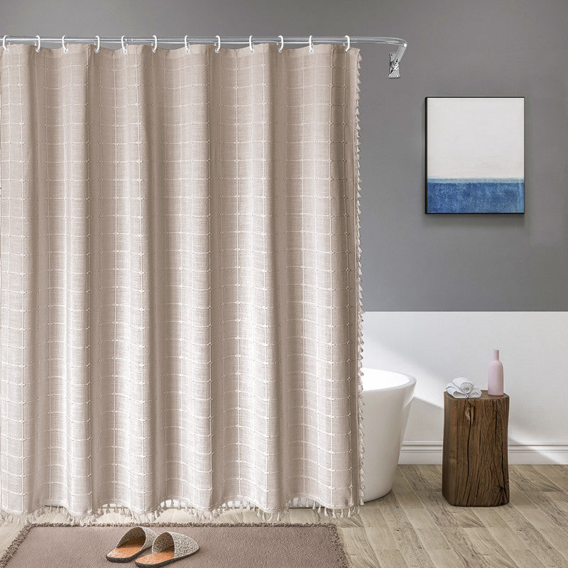 Douchegordijn Linnen Bohemian Waterproof Kwastjes 180x200cm Badkamer Beige Geruit