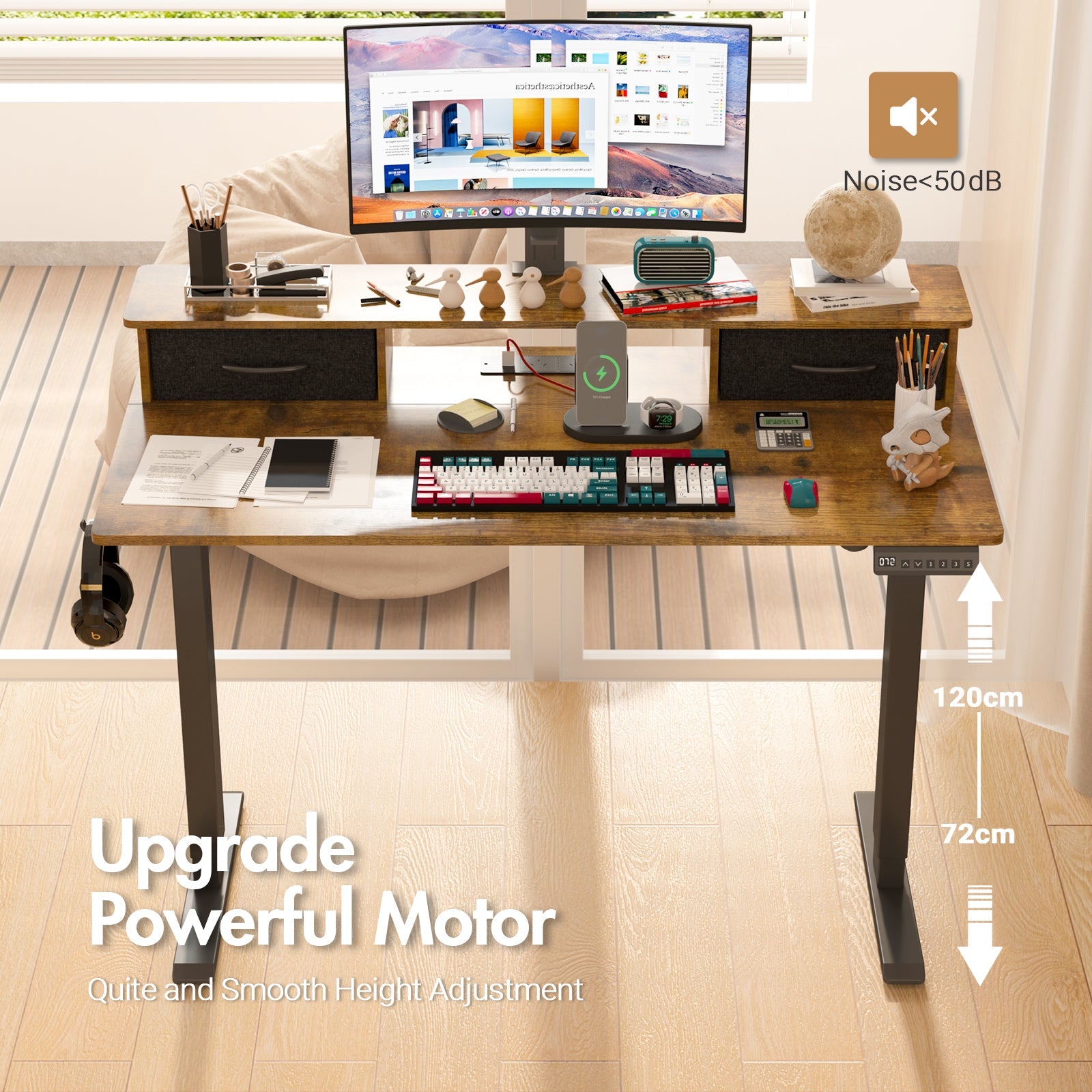 Elektrisch Verstelbaar Zit Sta Bureau 120x60 cm met Lades, USB Poorten en Geheugenfunctie – Walnoot Zwart Frame | Restfield