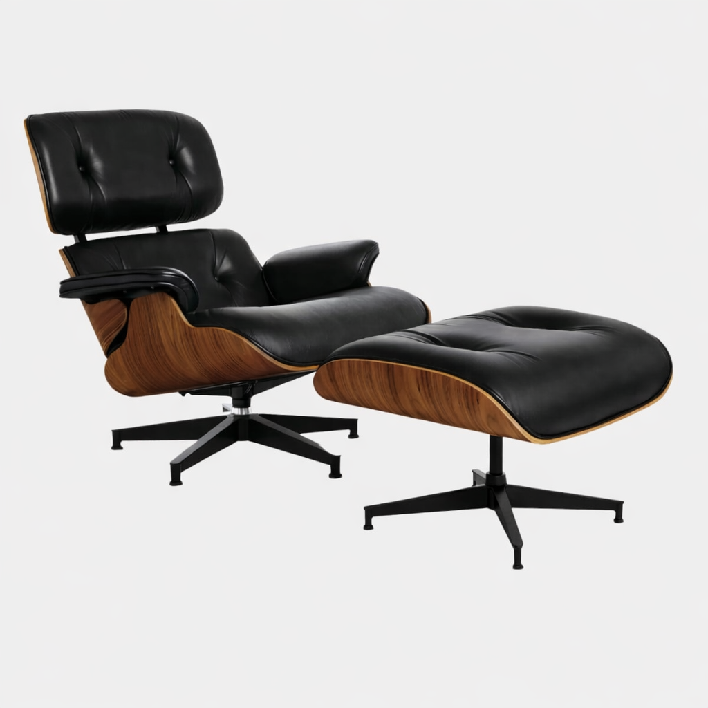 Lounge Chair Met Ottoman Echt Leer Zwart Ergonomisch Hout | Restfield