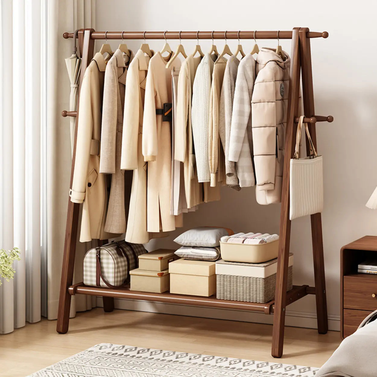 Porte-manteau bois de hêtre pliable forme A crochets étagère 150cm Entrée Chambre Naturel | Restfield