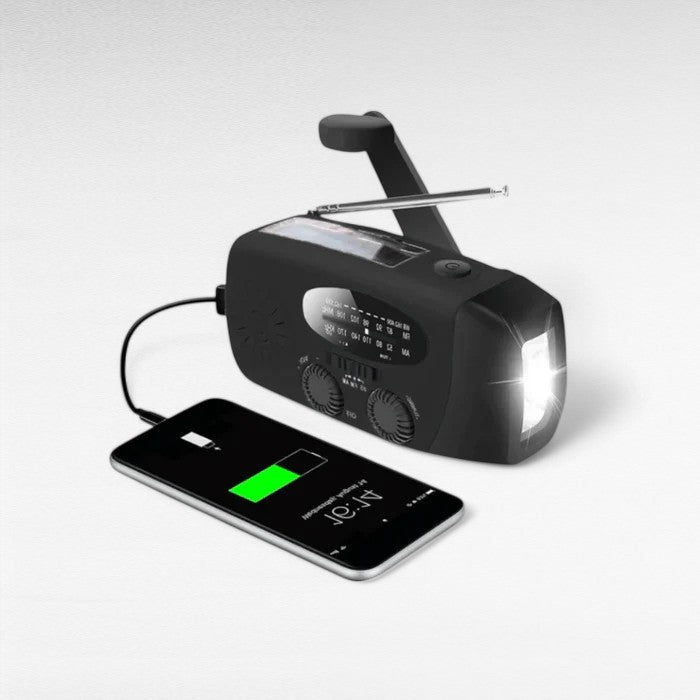 Noodradio met Zaklamp en Oplader | Handdynamo, Zonne-energie & USB