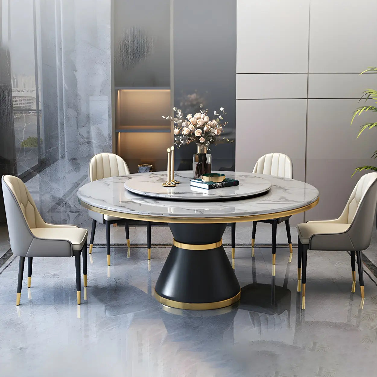 Ronde Marmeren Eettafel met Lazy Susan Draaischijf en Zwart Stalen Onderstel – Luxe Design Dining Tafel Wit 180 cm | Restfield