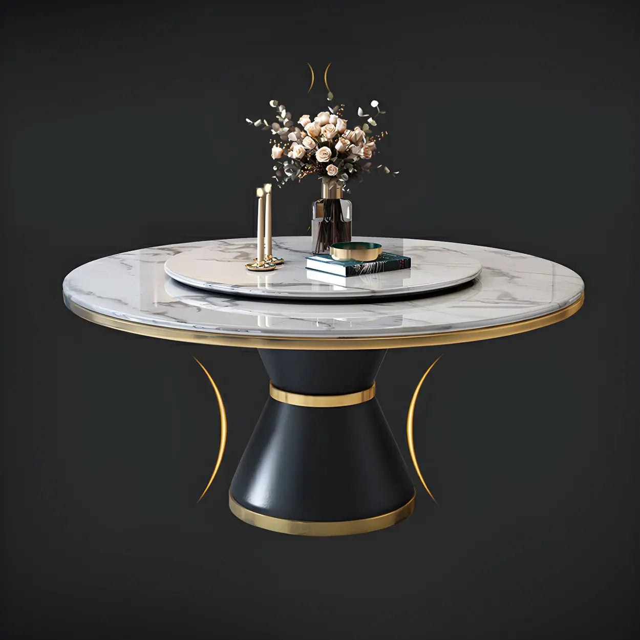 Ronde Marmeren Eettafel met Lazy Susan Draaischijf en Zwart Stalen Onderstel – Luxe Design Dining Tafel Wit 180 cm | Restfield